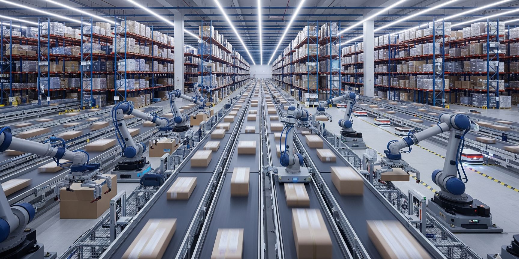 Interior view of a highly automated distribution center: Robotic arms and autonomous vehicles move parcels and pallets between high shelves in a modern logistics property.